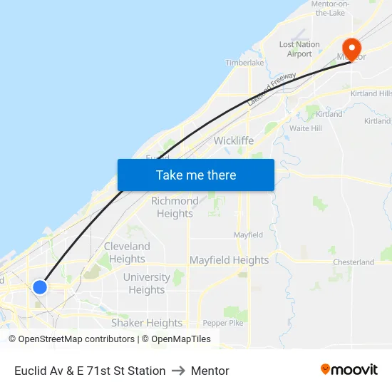 Euclid Av & E 71st St Station to Mentor map