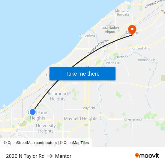 2020 N Taylor Rd to Mentor map