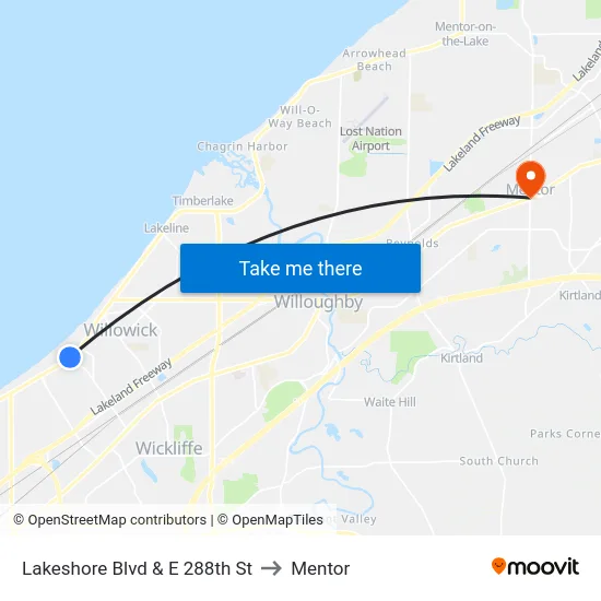 Lakeshore Blvd & E 288th St to Mentor map