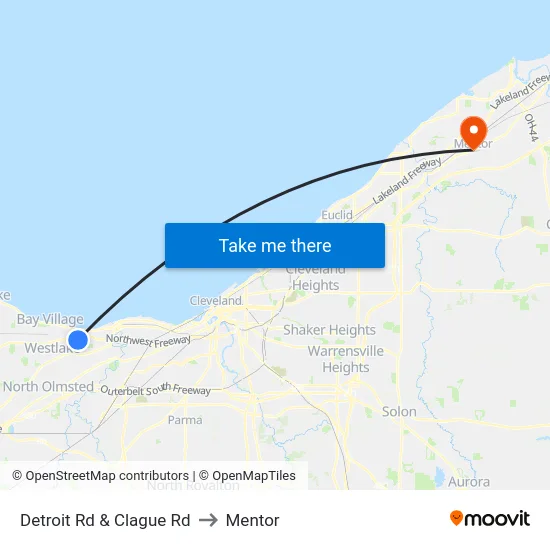 Detroit Rd & Clague Rd to Mentor map