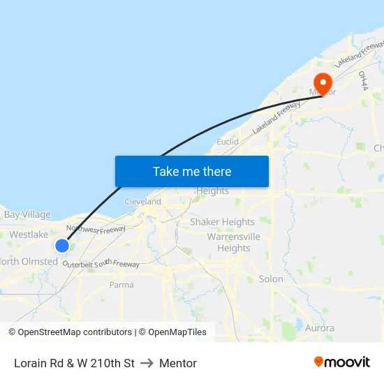 Lorain Rd & W 210th St to Mentor map