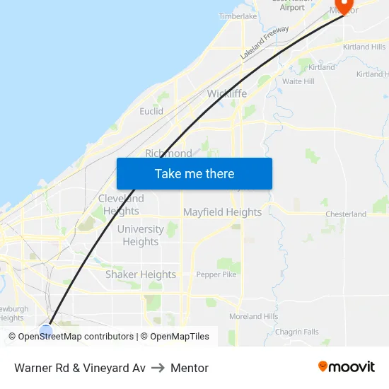 Warner Rd & Vineyard Av to Mentor map