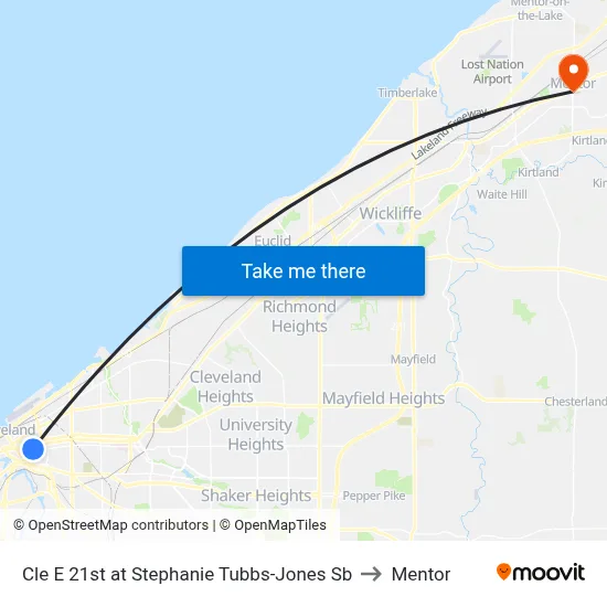 Cle E 21st at Stephanie Tubbs-Jones Sb to Mentor map