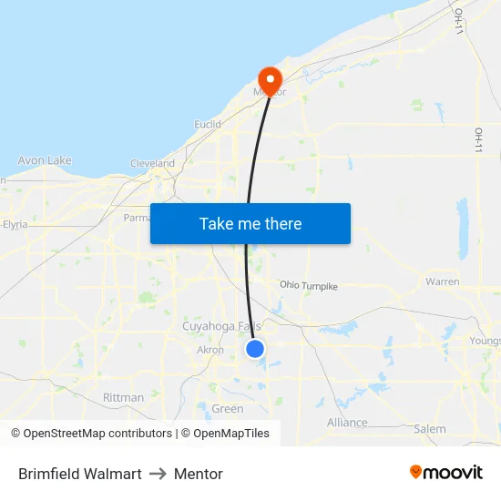 Brimfield Walmart to Mentor map
