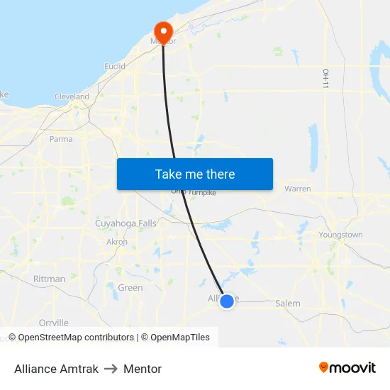 Alliance Amtrak to Mentor map