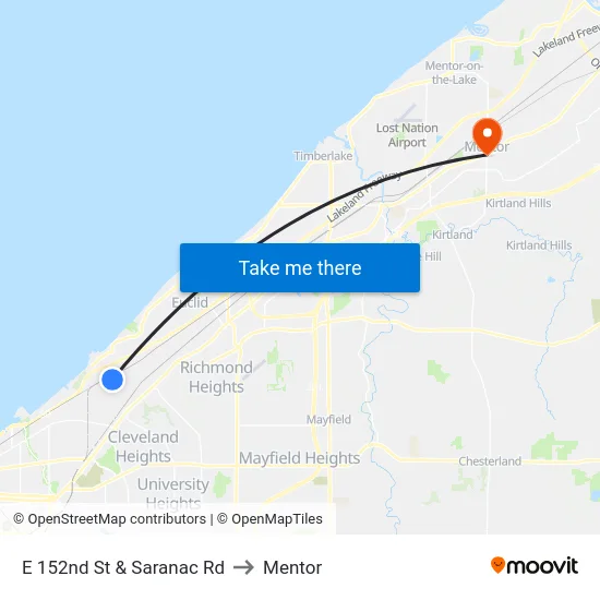 E 152nd St & Saranac Rd to Mentor map