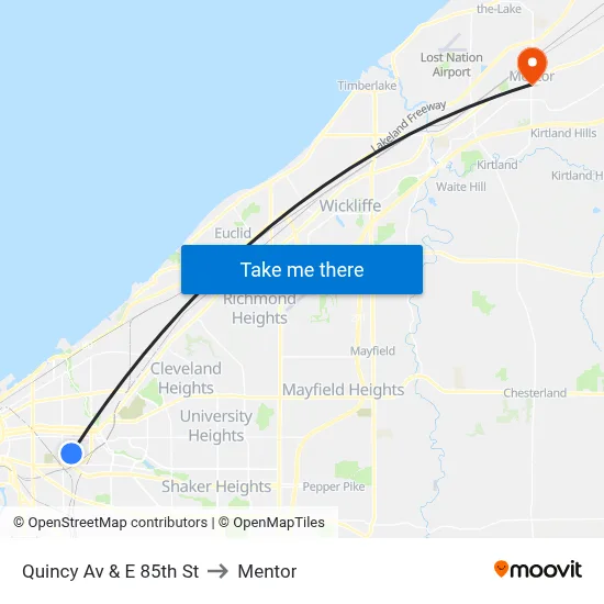 Quincy Av & E 85th St to Mentor map