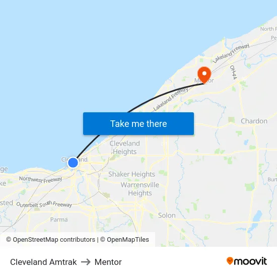 Cleveland Amtrak to Mentor map