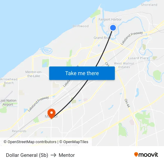 Dollar General (Sb) to Mentor map
