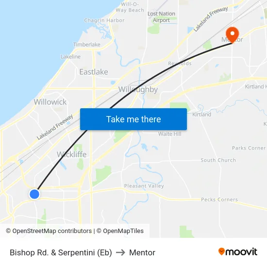 Bishop Rd. & Serpentini (Eb) to Mentor map