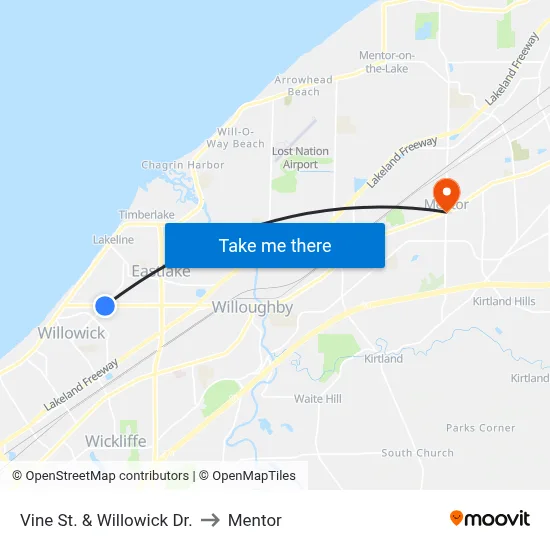 Vine St. & Willowick Dr. to Mentor map