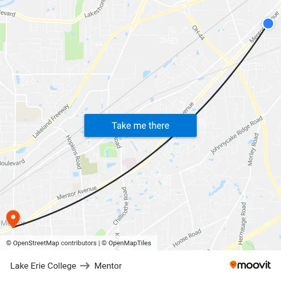 Lake Erie College to Mentor map