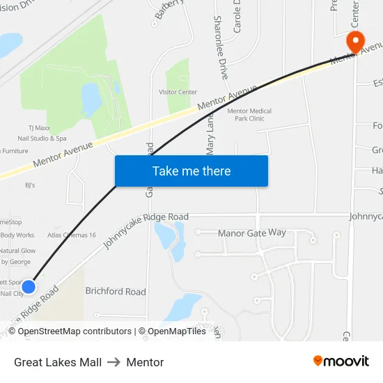 Great Lakes Mall to Mentor map