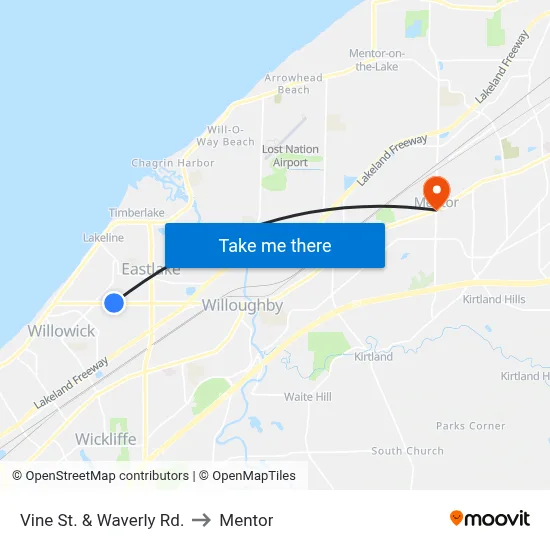 Vine St. & Waverly Rd. to Mentor map