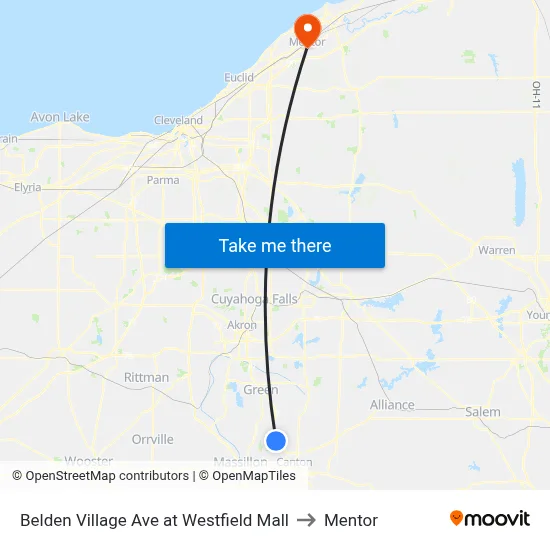 Belden Village Ave at Westfield Mall to Mentor map