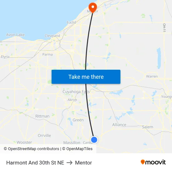 Harmont And 30th St NE to Mentor map