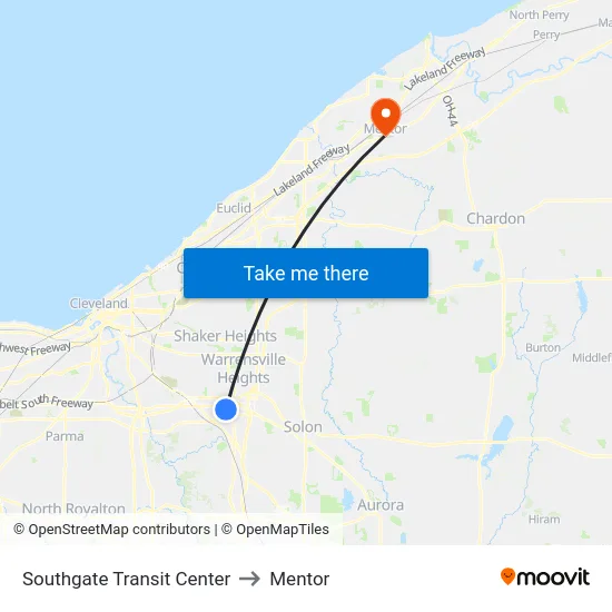 Southgate Transit Center to Mentor map
