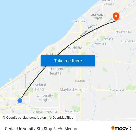 Cedar-University Stn Stop 5 to Mentor map