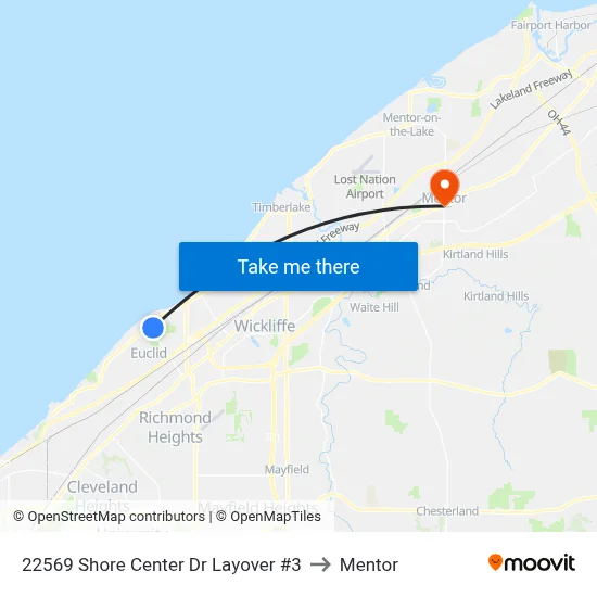 22569 Shore Center Dr Layover #3 to Mentor map