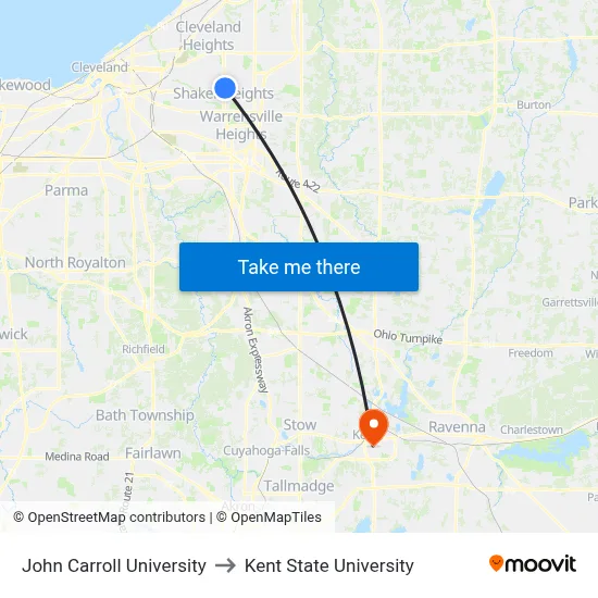 John Carroll University to Kent State University map