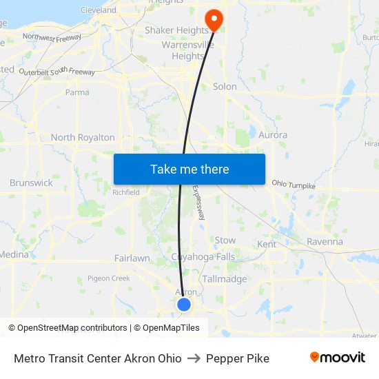 Metro Transit Center Akron Ohio to Pepper Pike map