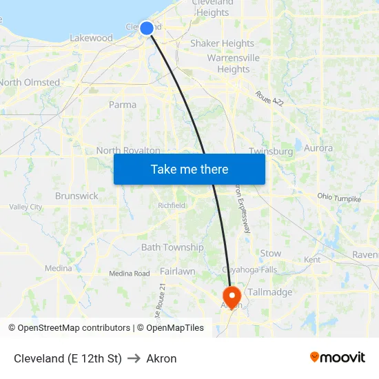 Cleveland (E 12th St) to Akron map