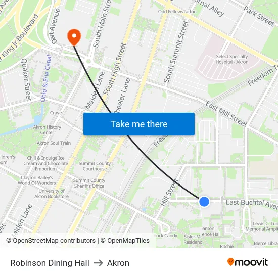 Robinson Dining Hall to Akron map