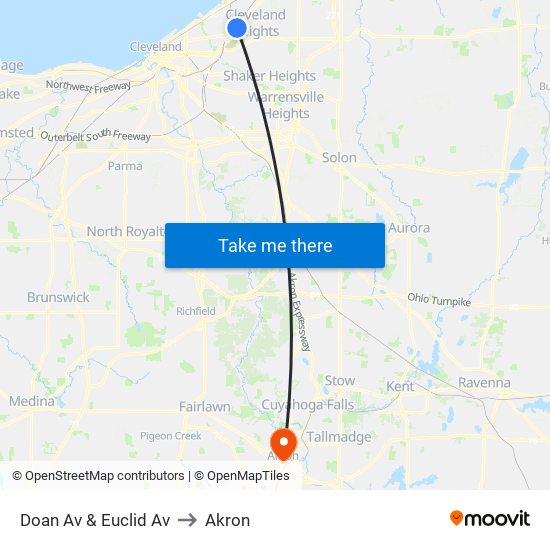 Doan Av & Euclid Av to Akron map