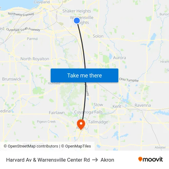 Harvard Av & Warrensville Center Rd to Akron map