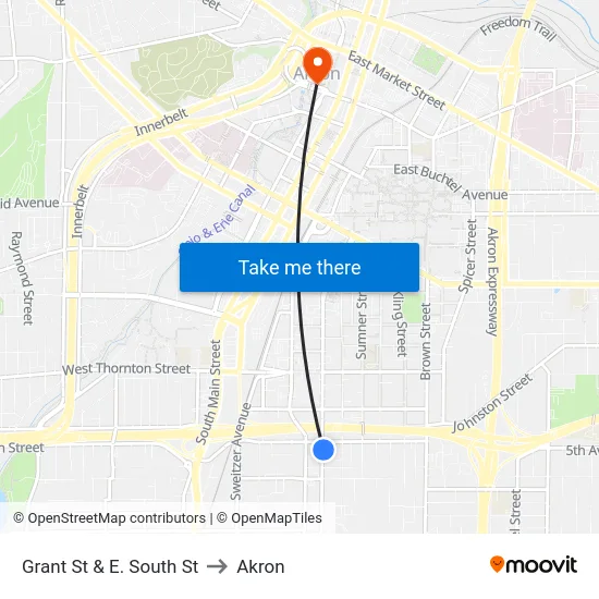 Grant St & E. South St to Akron map