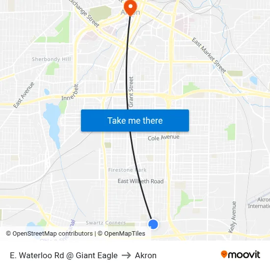 E. Waterloo Rd @ Giant Eagle to Akron map