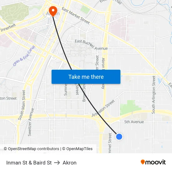 Inman St & Baird St to Akron map