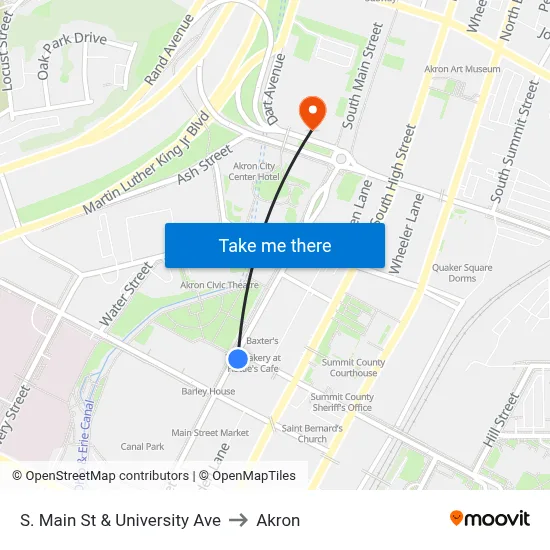S. Main St & University Ave to Akron map