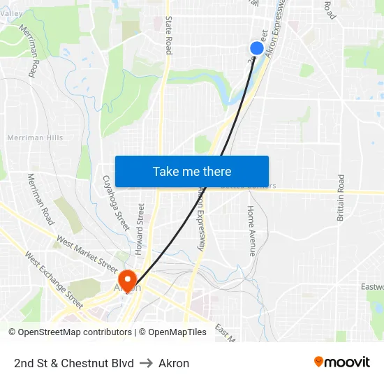 2nd St & Chestnut Blvd to Akron map