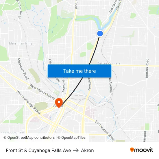 Front St & Cuyahoga Falls Ave to Akron map