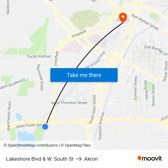 Lakeshore Blvd & W. South St to Akron map