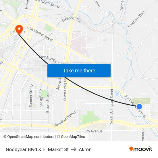 Goodyear Blvd & E. Market St to Akron map