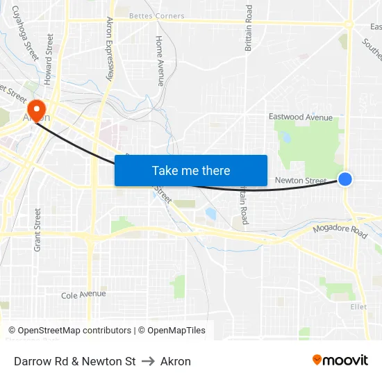 Darrow Rd & Newton St to Akron map