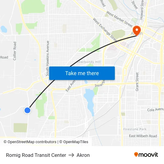 Romig Road Transit Center to Akron map