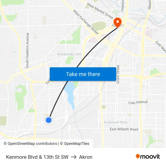 Kenmore Blvd  & 13th St SW to Akron map