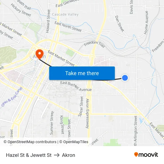 Hazel St & Jewett St to Akron map