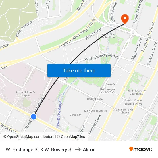 W. Exchange St & W. Bowery St to Akron map