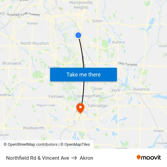 Northfield Rd & Vincent Ave to Akron map