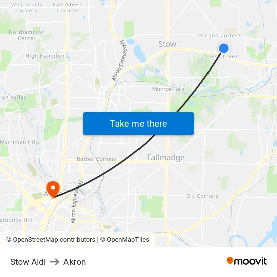 Stow Aldi to Akron map
