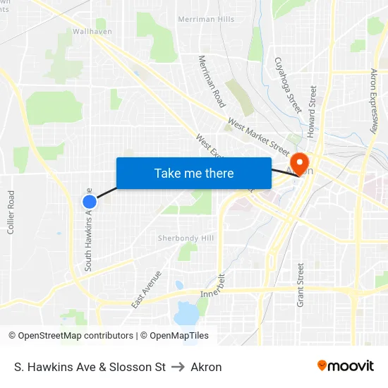 S. Hawkins Ave & Slosson St to Akron map