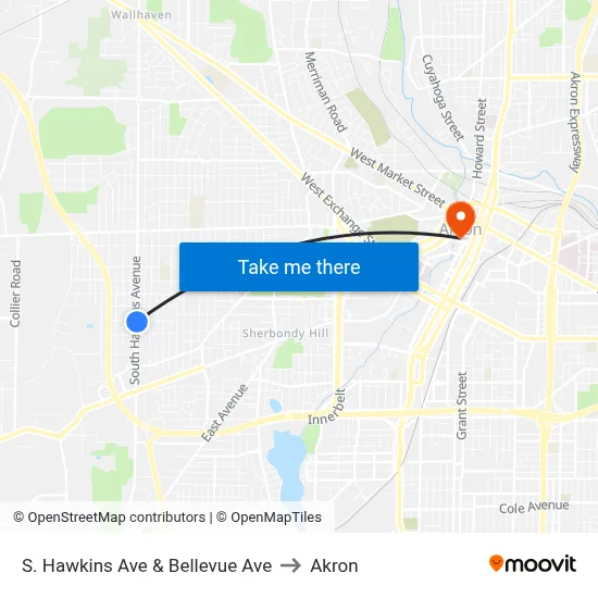 S. Hawkins Ave & Bellevue Ave to Akron map