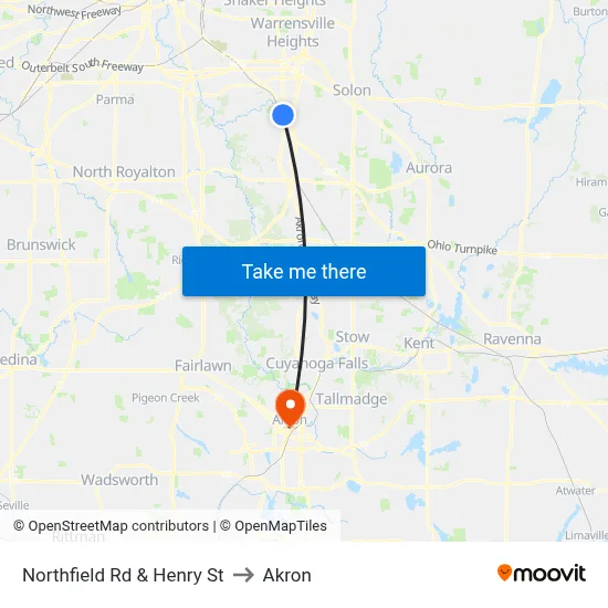 Northfield Rd & Henry St to Akron map