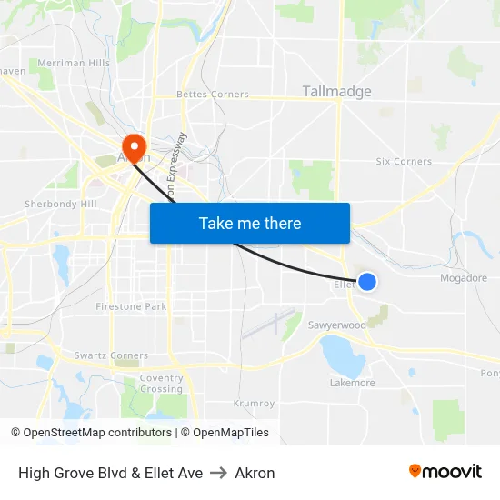 High Grove Blvd & Ellet Ave to Akron map