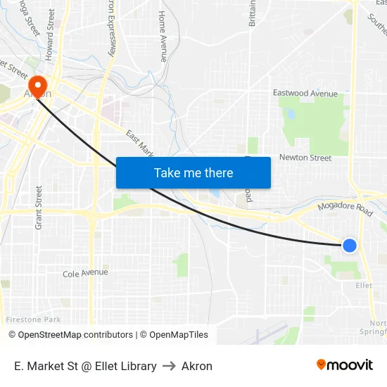 E. Market St @ Ellet Library to Akron map
