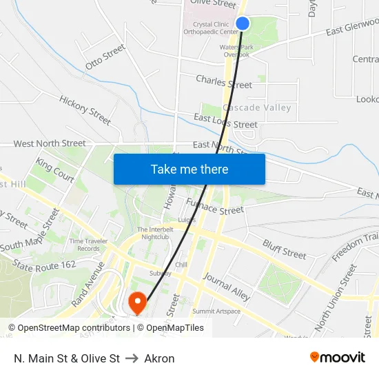 N. Main St & Olive St to Akron map